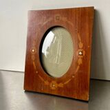 Antique Wood & mother of pearl Picture Frame with intarsia Convex glass