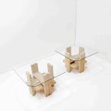 Pair of Travertine and Glass End Tables by Willy Ballez, Belgium 1970s