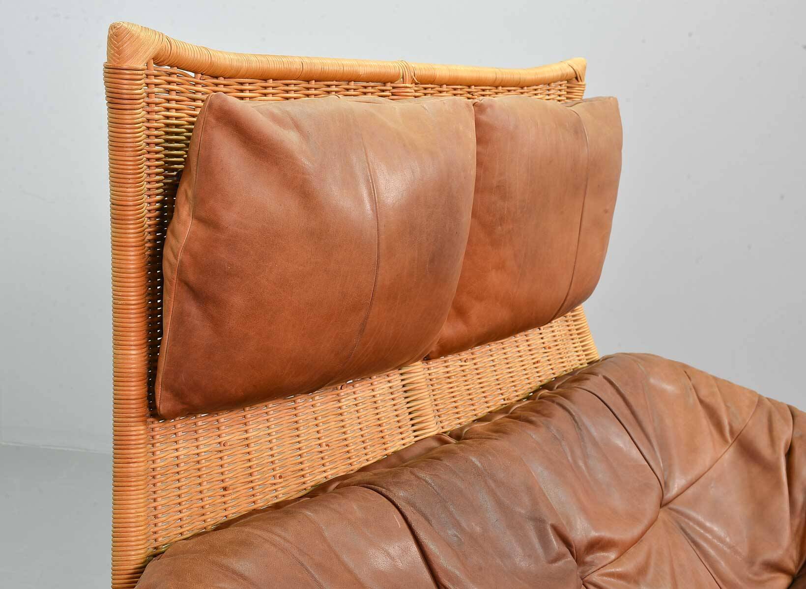 Gerard van de Berg Cognac Patchwork Leather 2-Seat Rockstyle Cane Sofa 70s