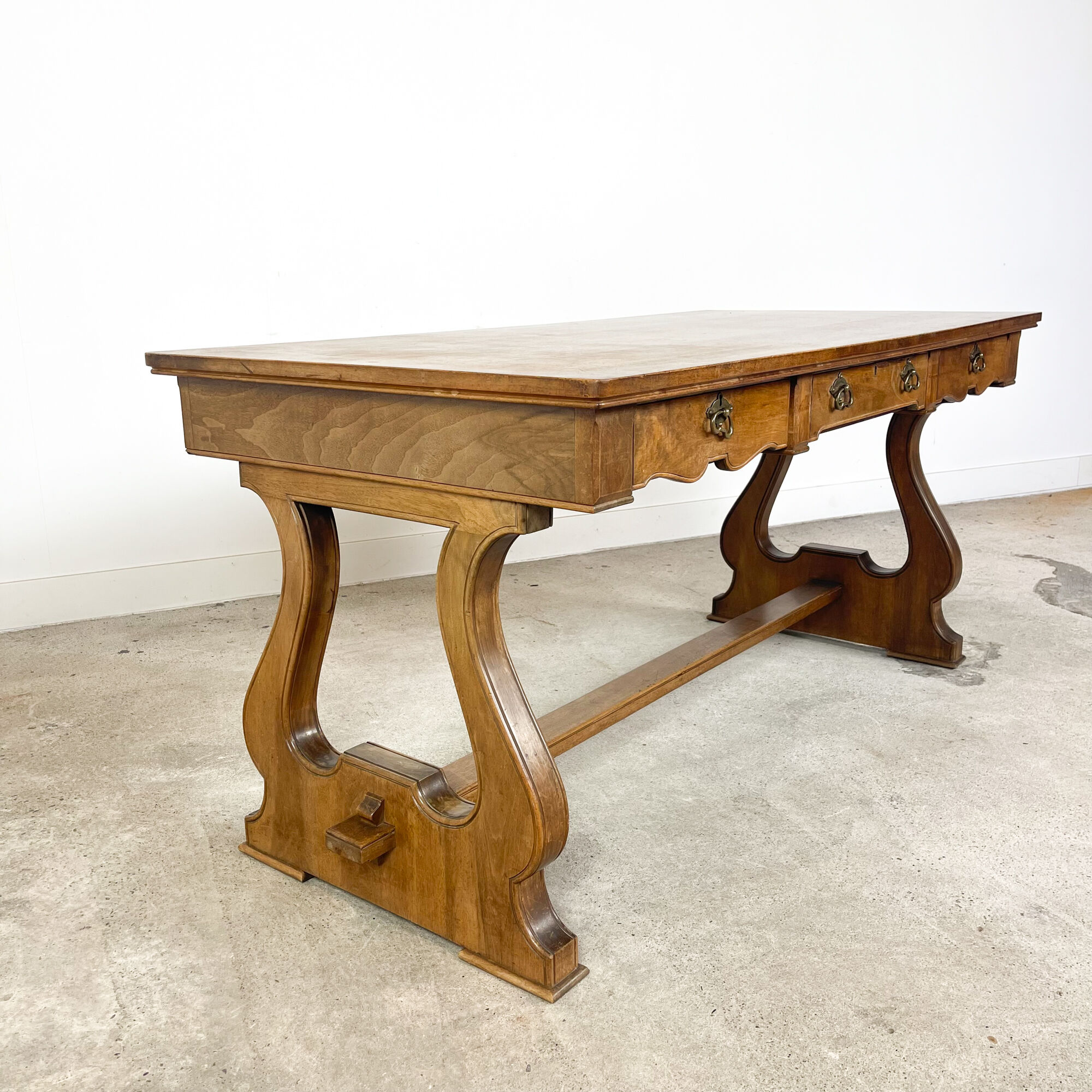 Vintage mahogany harp base desk table with drawers