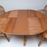 Bamboo table with extensions, 3 chairs and 3 stools from the 60s