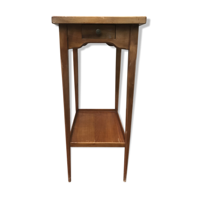 Table appoint bois plateau marqueté étoile pieds compas + tiroir vintage