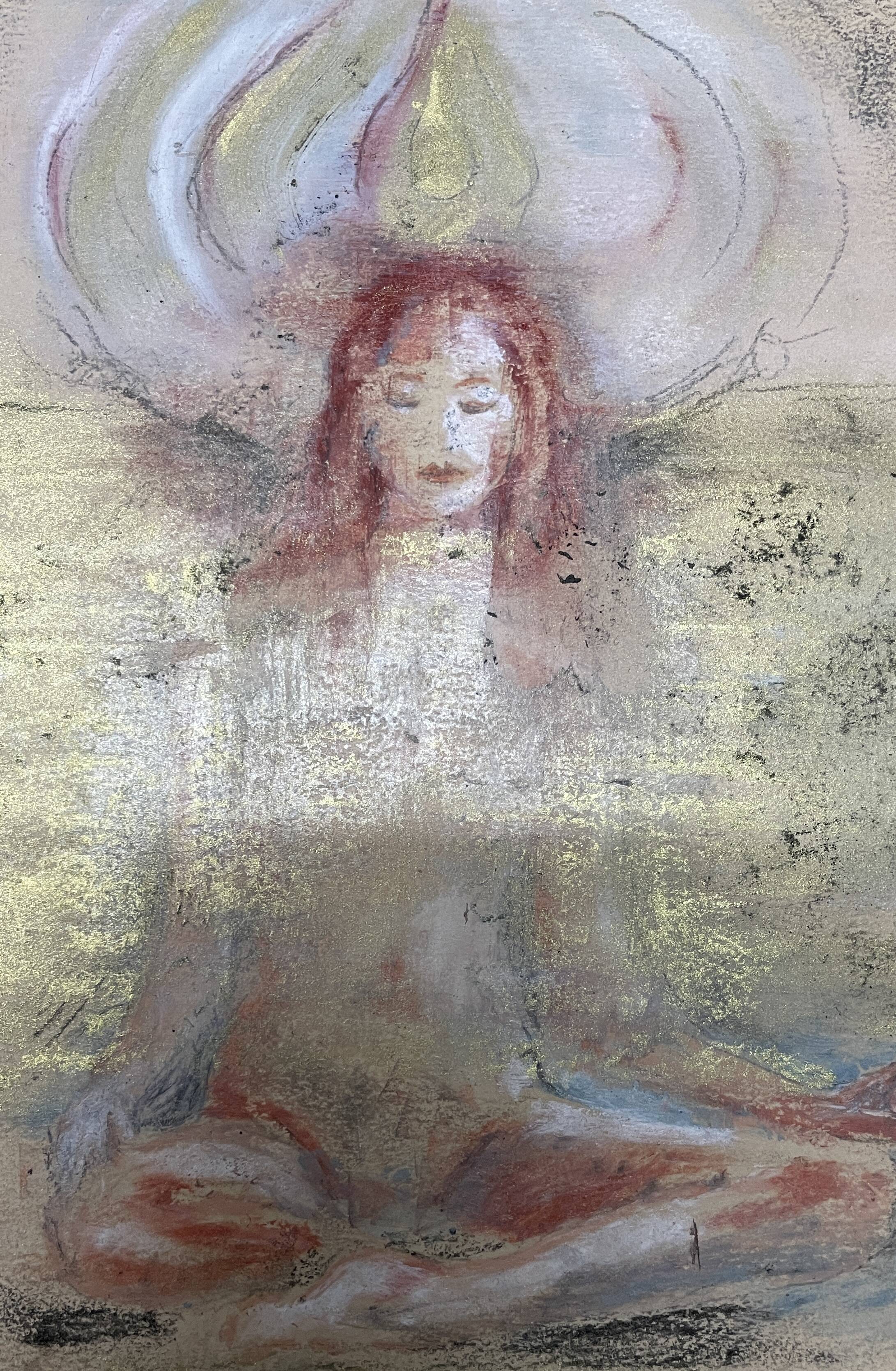 Painting signed pastel gold “Buddha woman” ZEN
