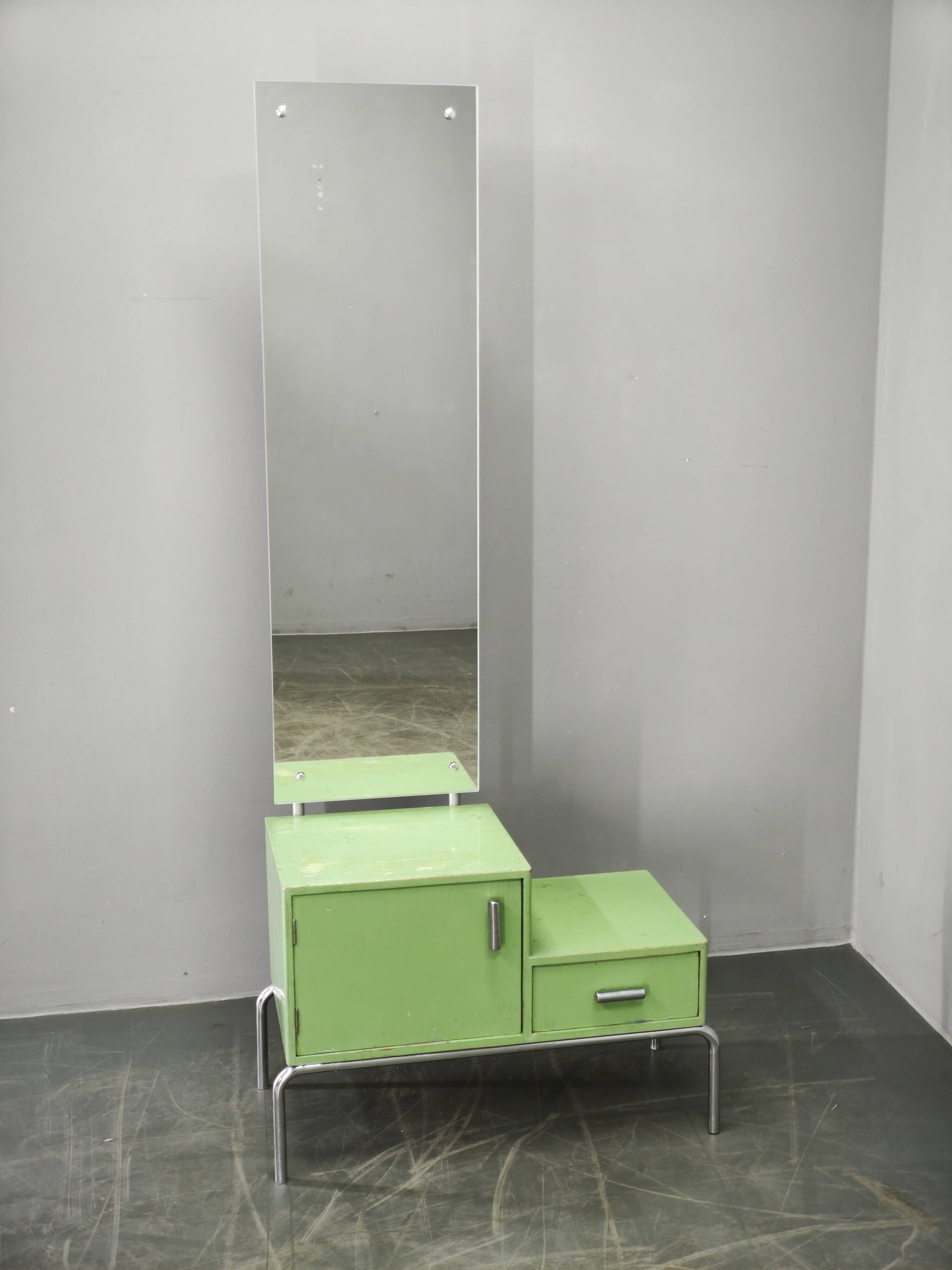 Bauhaus Czech Green Vanity Table with Mirror and Chrome Frame, 1930s