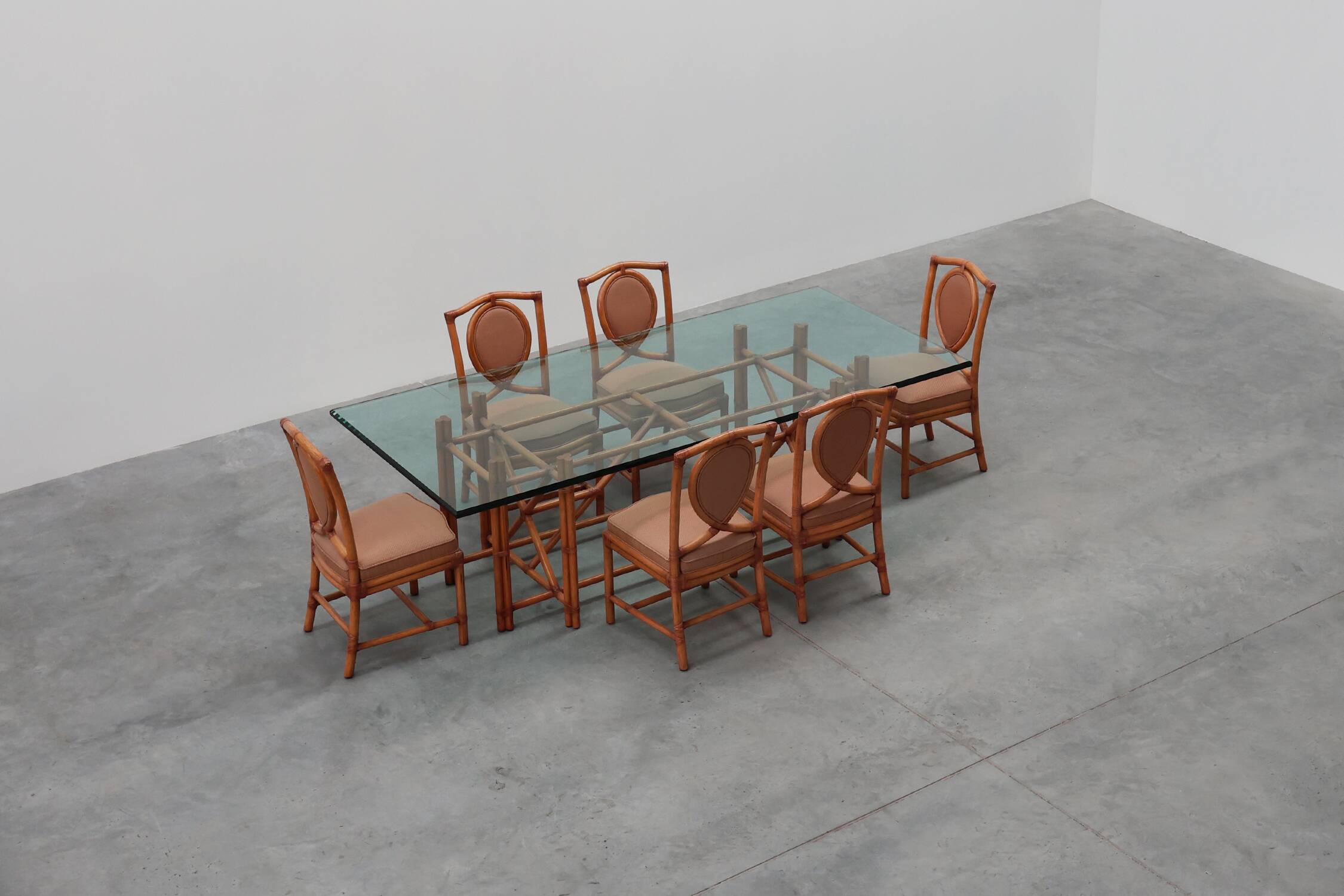 Large monumental bamboo dining table with glass top by Gasparucci, Italy