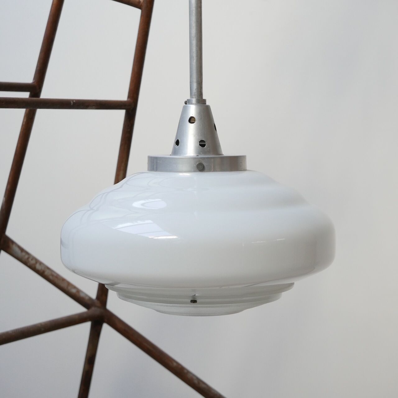 French Holophane Two Tone Glass Opaline Mid-Century Pendants (3)