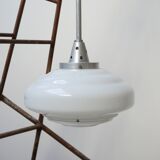 French Holophane Two Tone Glass Opaline Mid-Century Pendants (3)