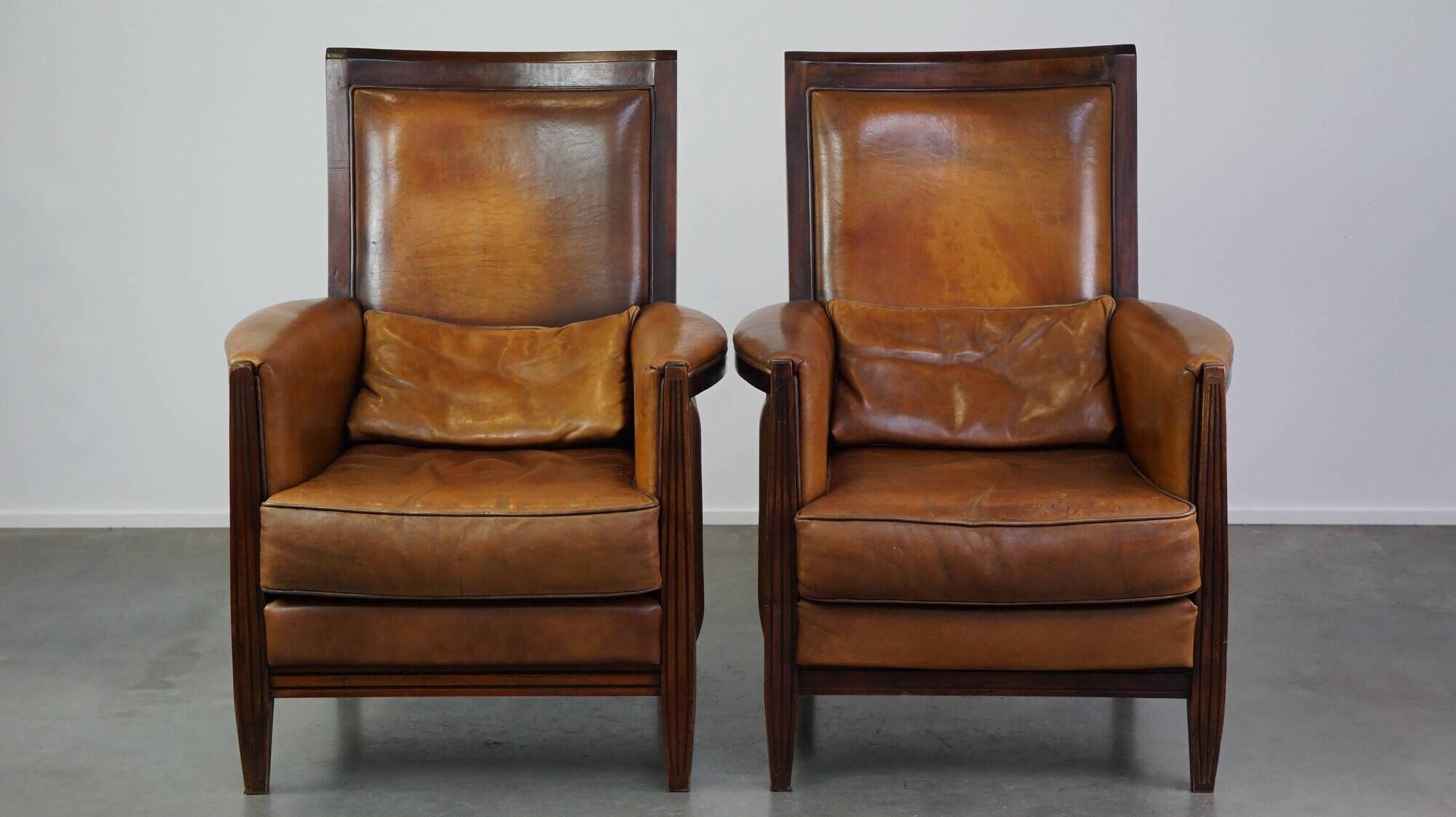 Vintage Art Deco Sheepskin High Back Armchair Set with Wood Finish
