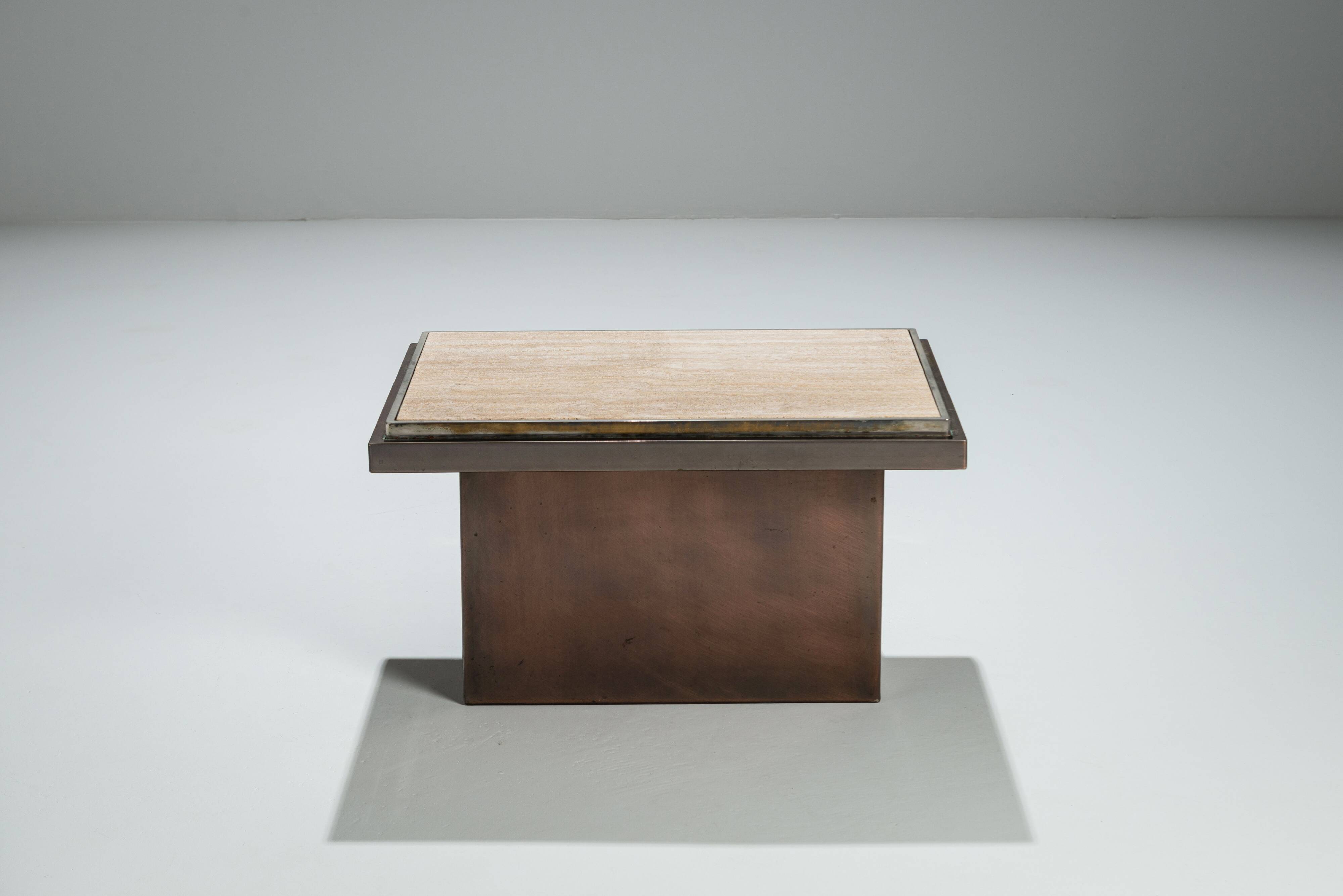 Belgochrom coffeetable in polished metal and travertin