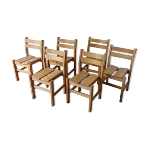 Série de 6 chaises vintage en pin massif 1960
