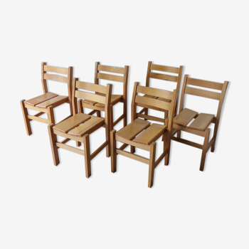 Series of 6 vintage chairs in solid pine 1960