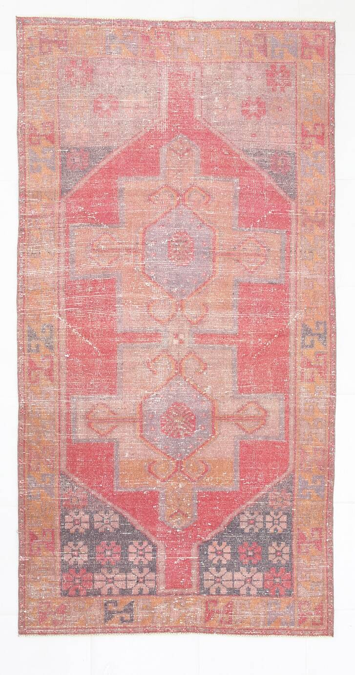 4x7 Vintage Pale Red Geometric Turkish Rug, 117x228Cm