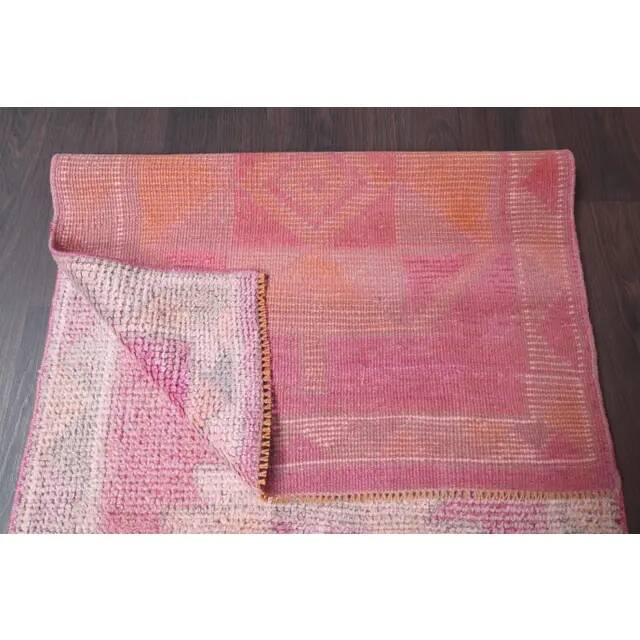 Vintage Turkish Hand-Knotted Wool Cotton Pink Runner Rug 80x365
