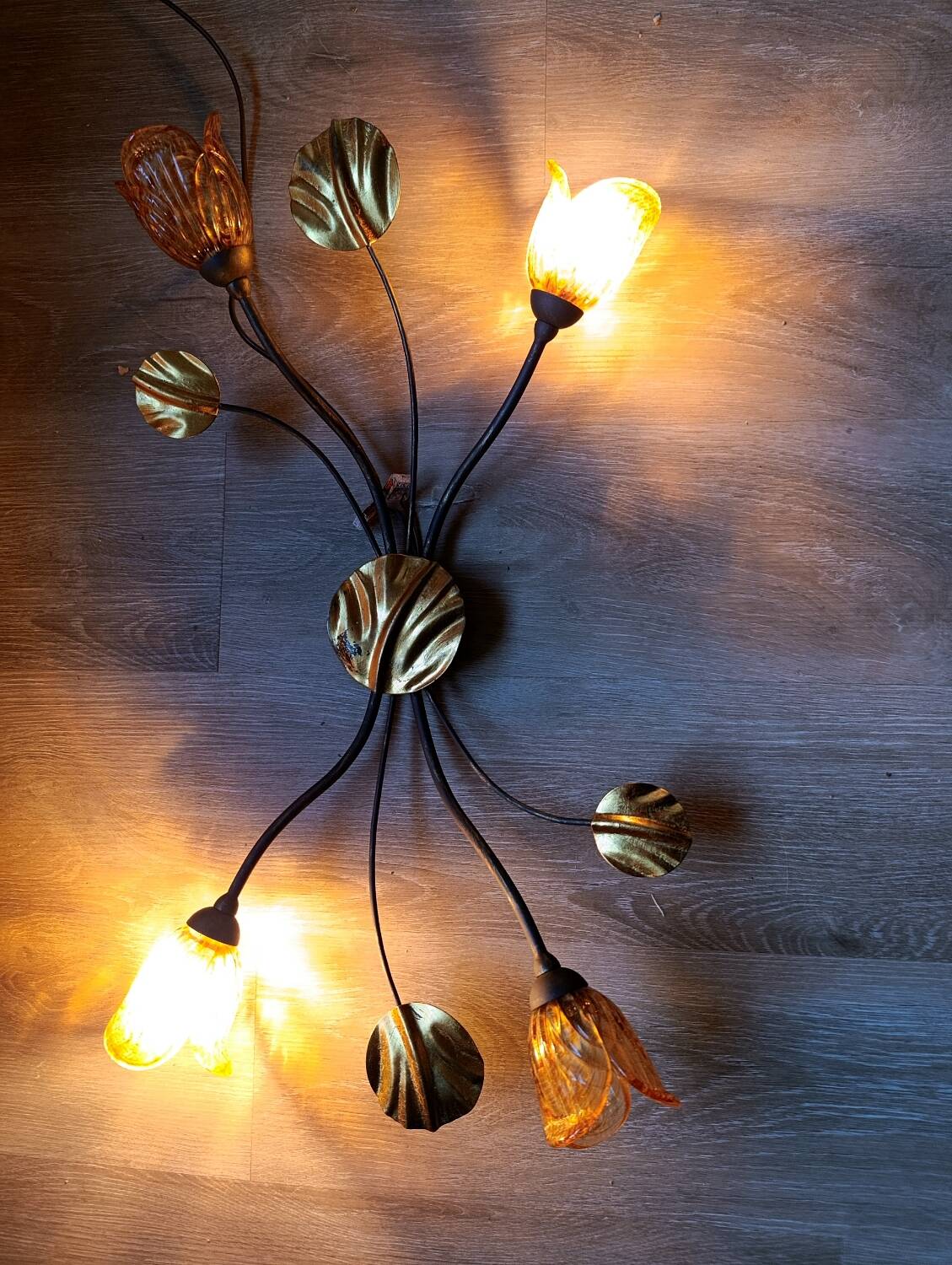 Wrought iron ceiling light with 4 arms & amber tulips | Luce Più Italy