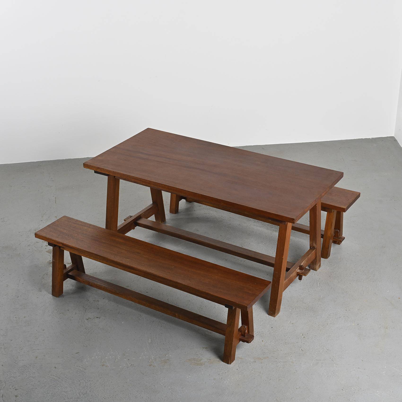 Mahogany dining table and benches, mountain work, France circa 1960