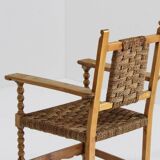 Ensemble de 2 fauteuils brutalistes espagnols en bois sculpté et tressé en jonc -
