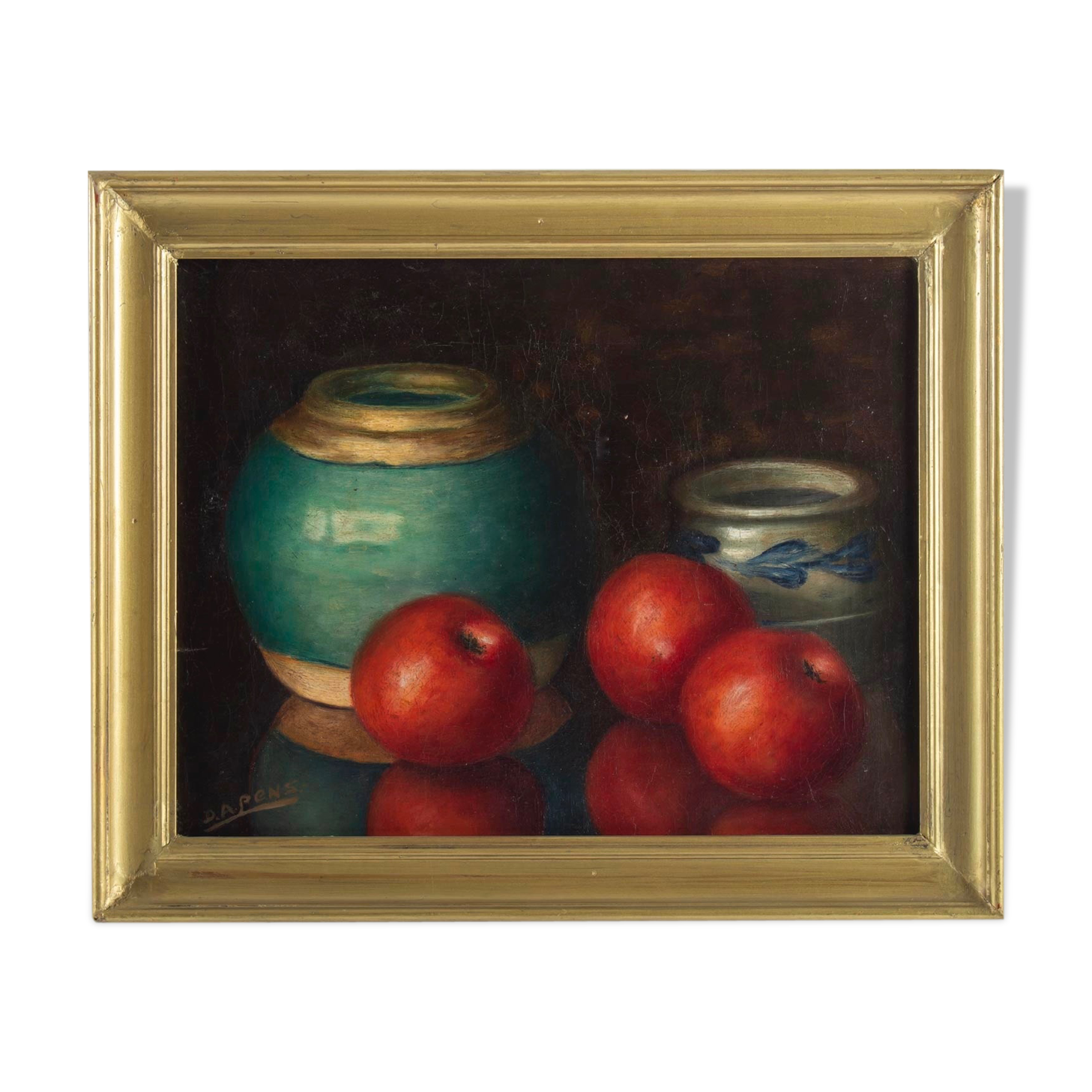 Still life with apples and ceramics by Dalens, 1921