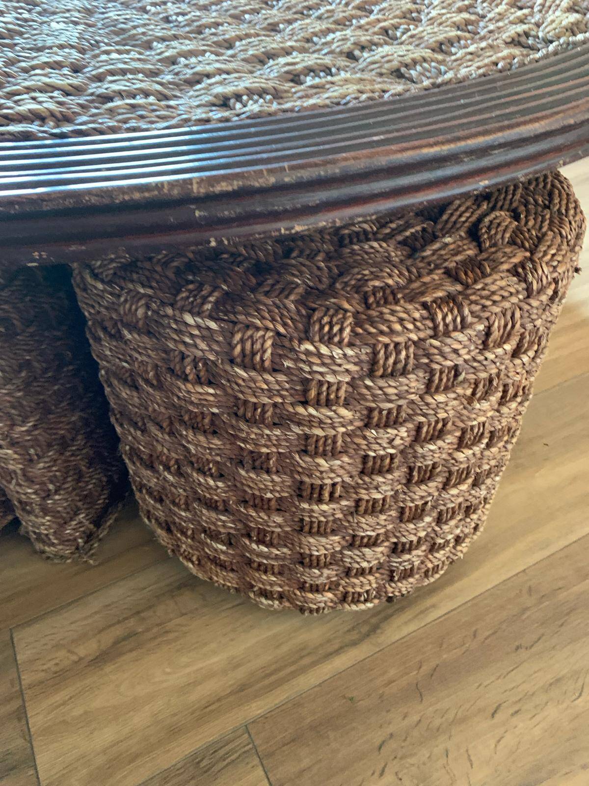 Vintage woven rope and rattan coffee table with 4 stools