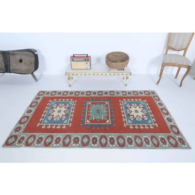 Vintage Turkish Hand-Knotted Wool Cotton Red Runner 110x193