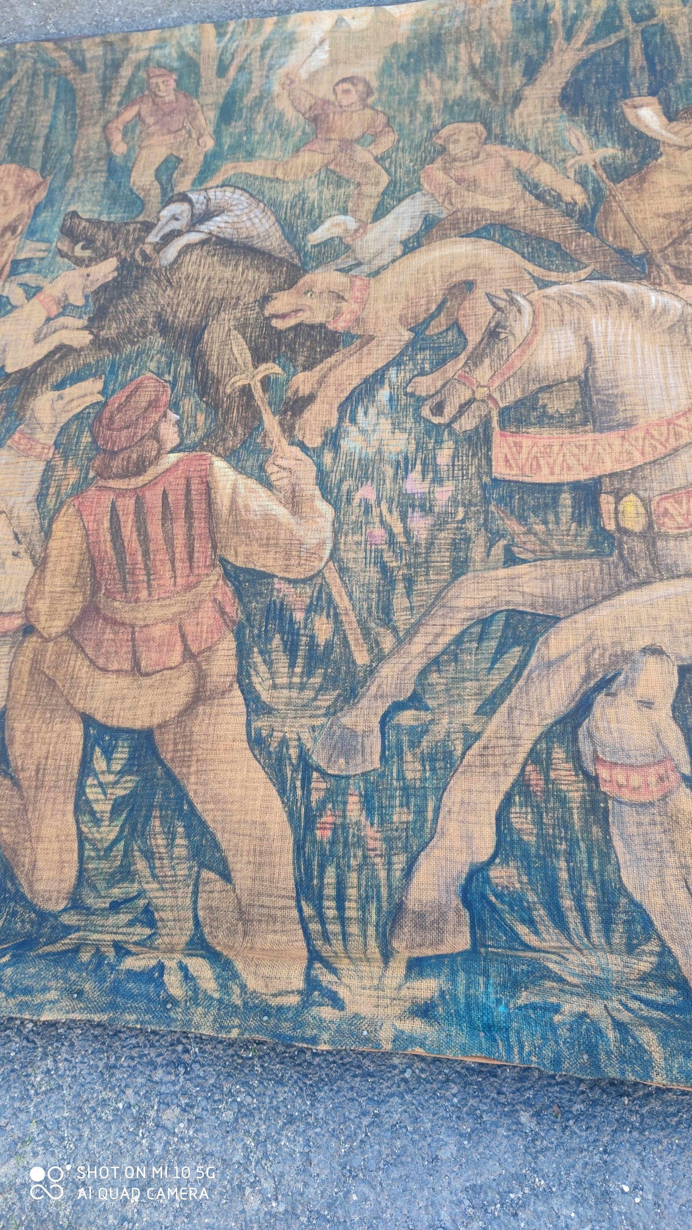 Painted burlap canvas depicting a medieval hunting scene circa 1950 by André Pierre BOURBIOUX, known as "Boul"