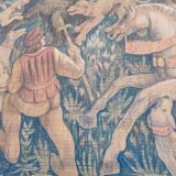 Burlap painted medieval hunting scene circa 1950 by André Pierre BOURBIOUX called "Boul"