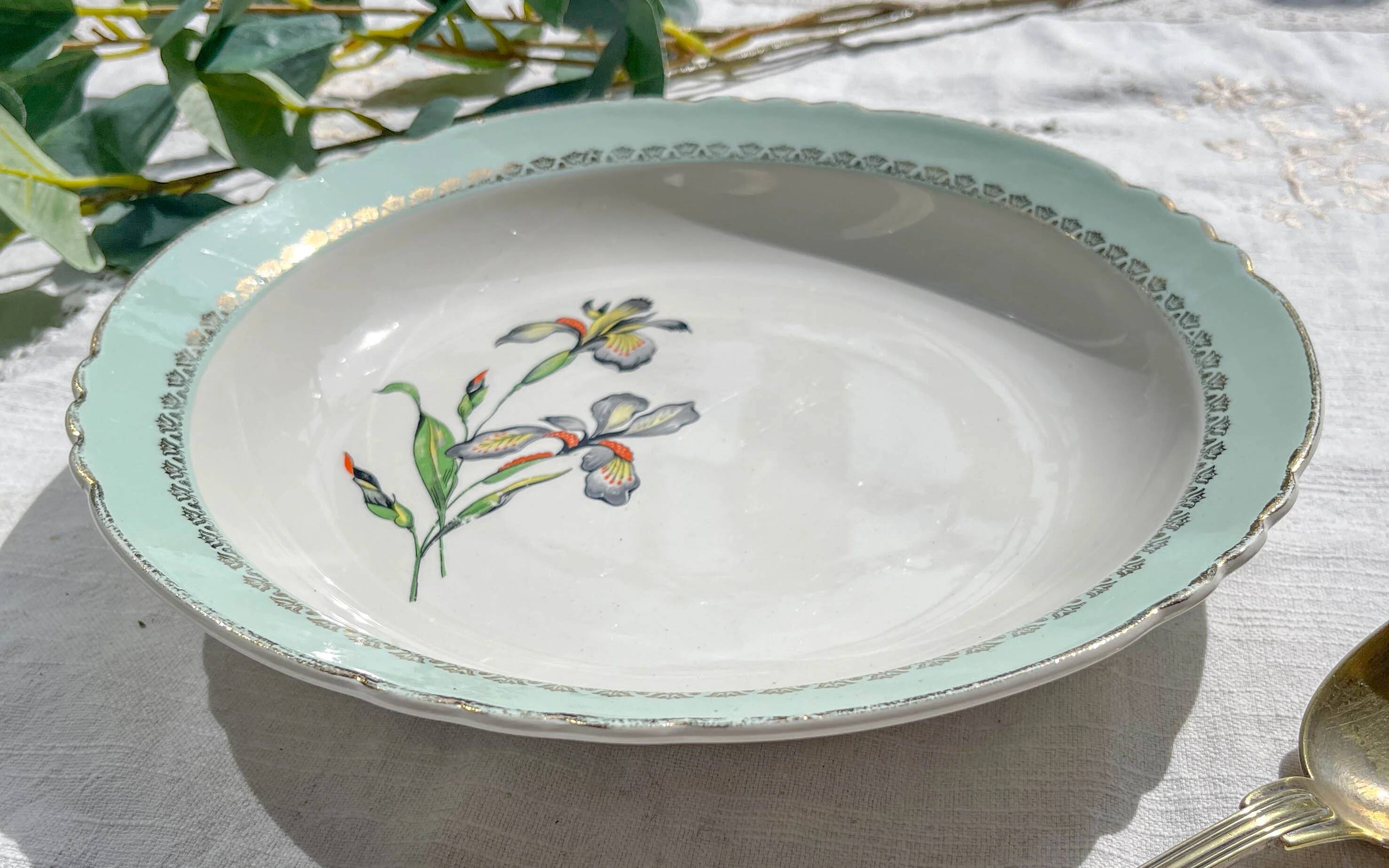 Vintage white and green porcelain dish Iris Moulin des Loups "Sargosse" 1950s