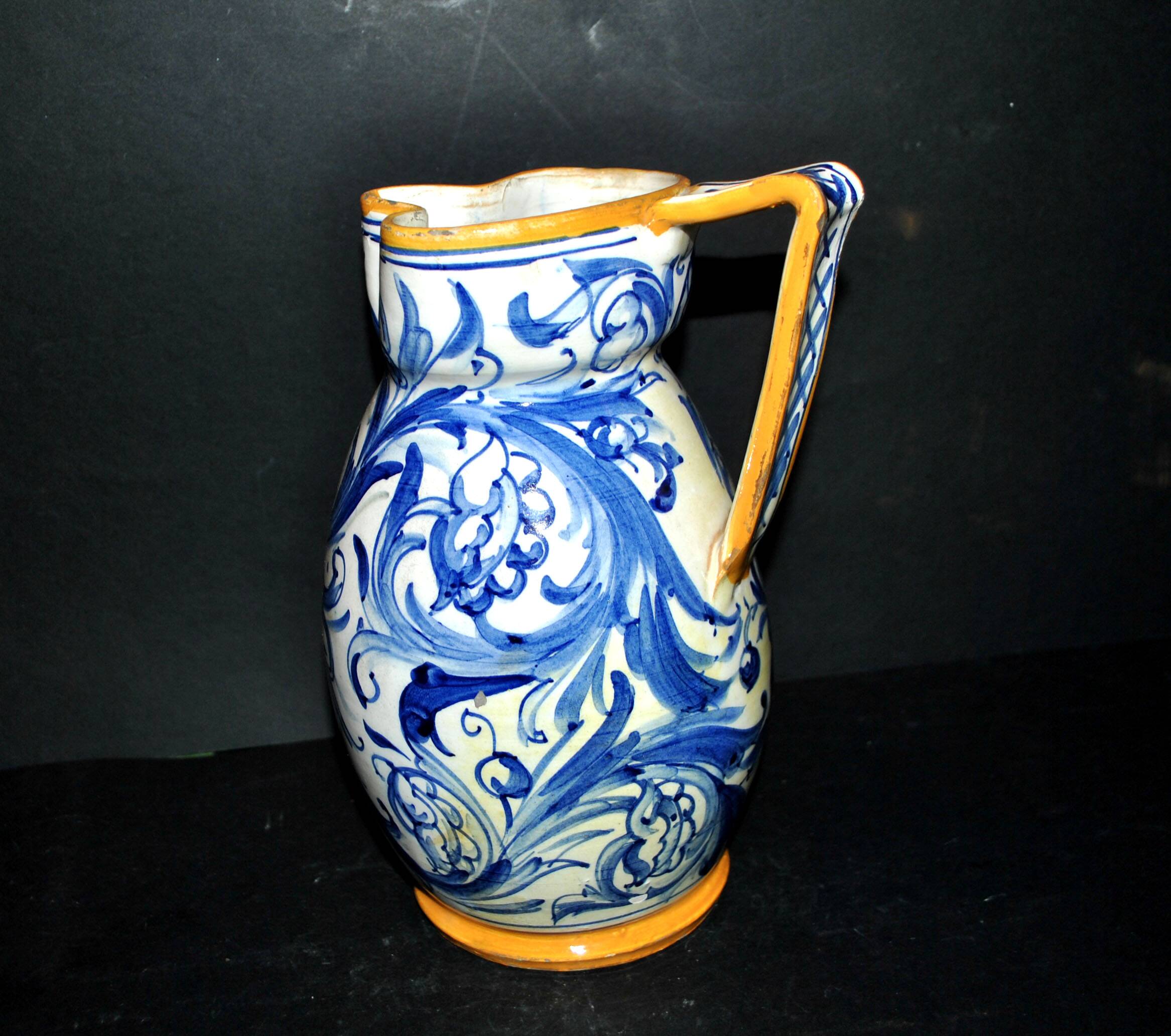 Large Italian ceramic pitcher barbotine majolica blue and yellow decoration
