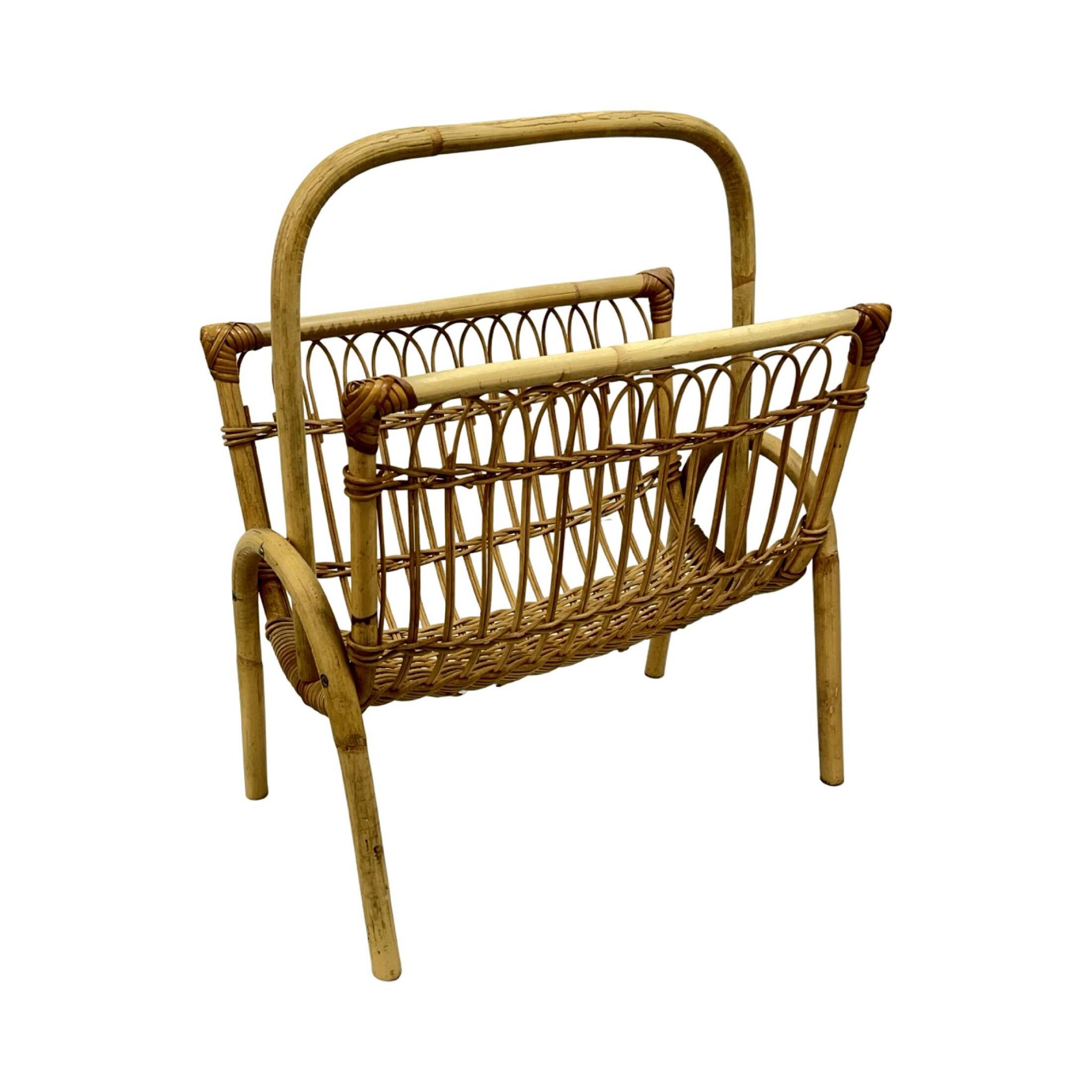 Vintage Wicker Newspaper Rack, Boho/PRL, Franco Albini Style, Italy 1970s