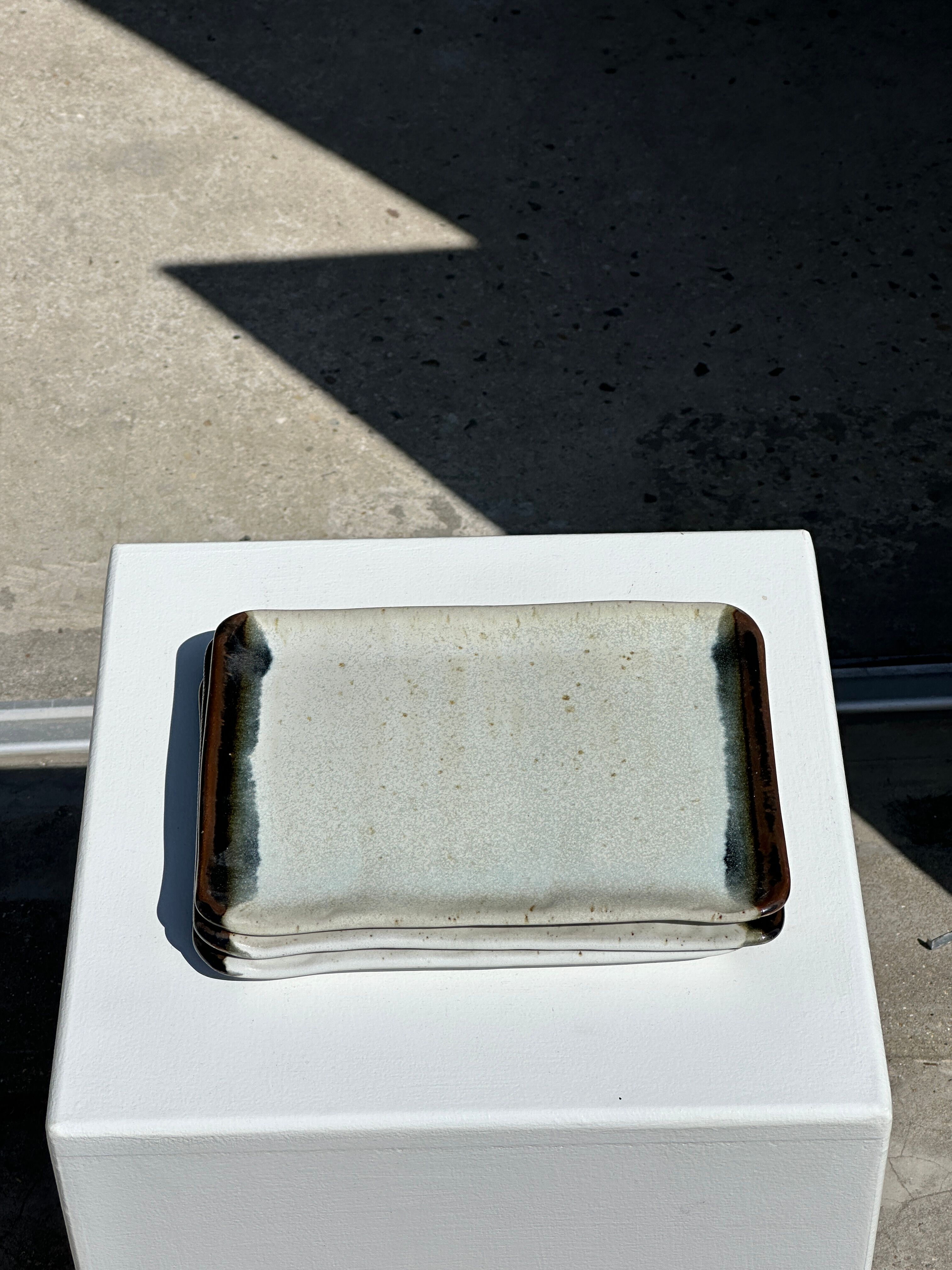 Trio of small rectangular serving dishes white and black Indonesian ceramic 21x16