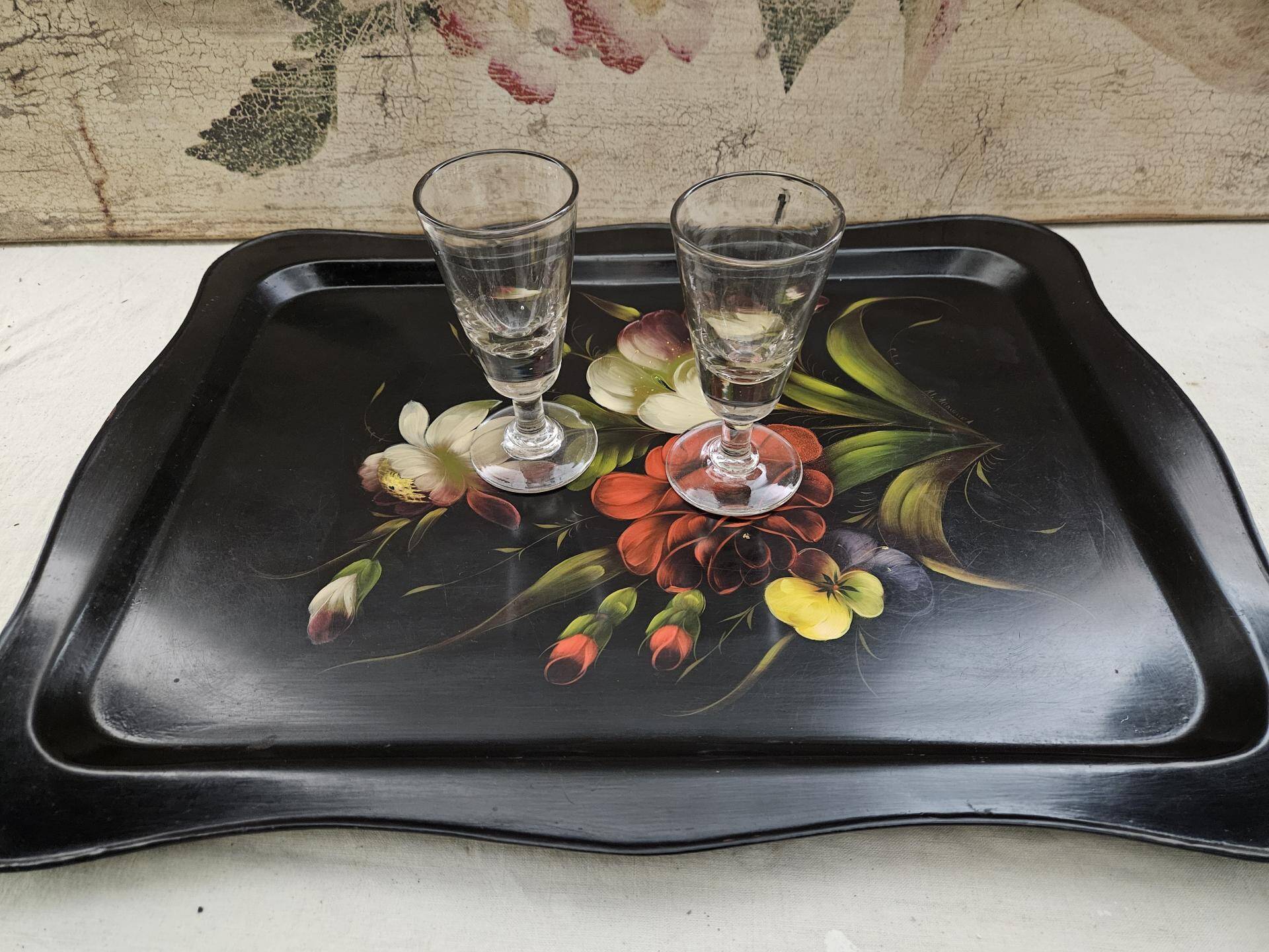 Large antique tray with flowers