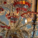 Rezzonico Venetian chandelier in colorless and red Venetian glass, circa 1920