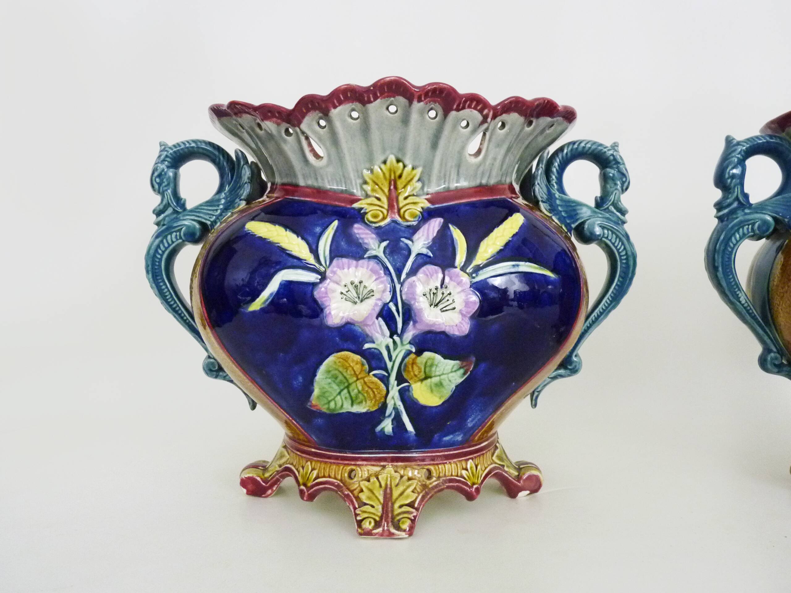 Pair of antique Art Nouveau dragon slip planters