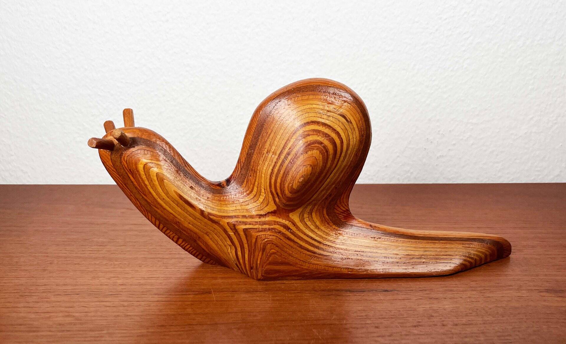 Large Danish carved wooden snail sculpture from the mid-century, 1960s.