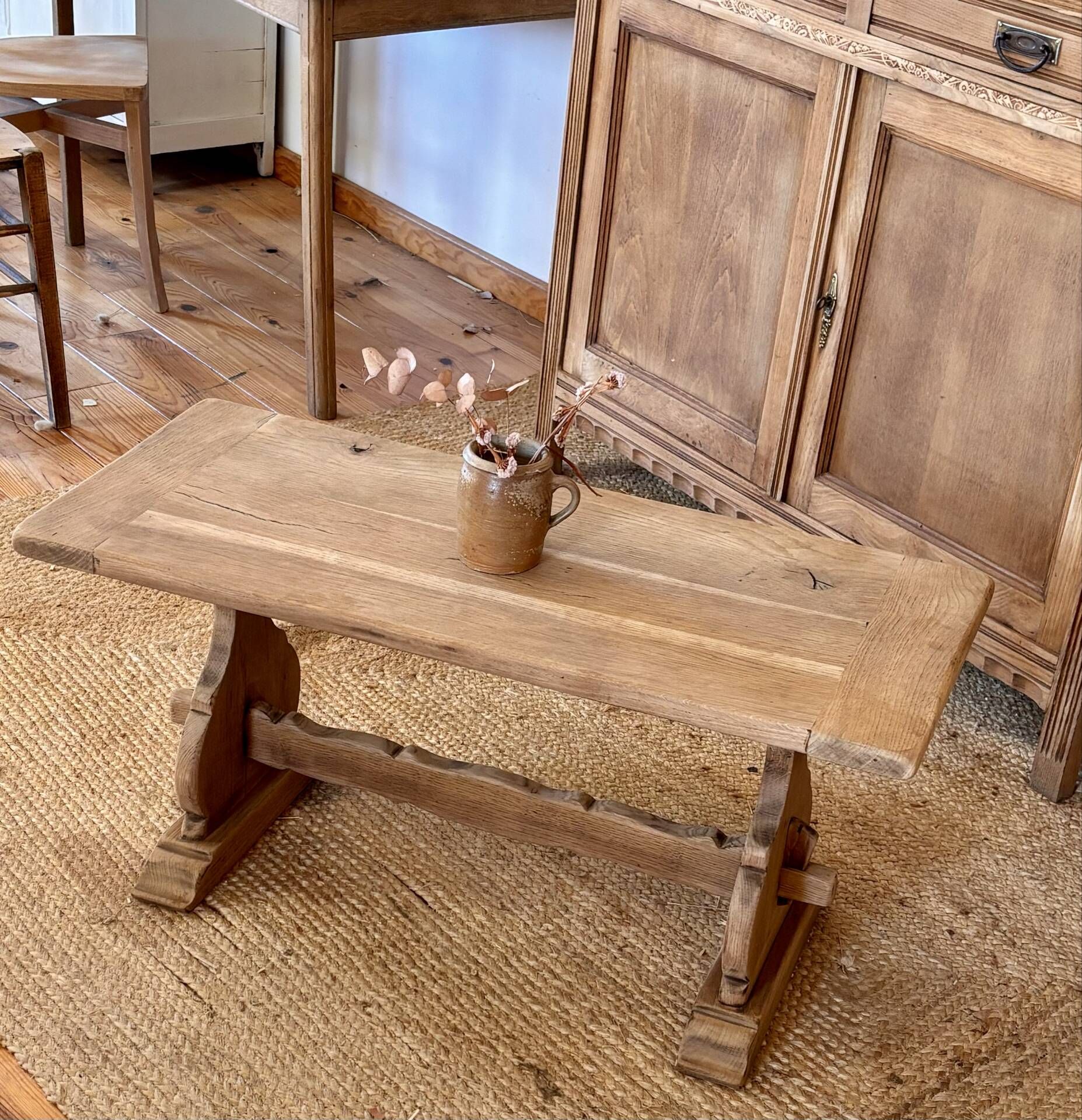 Ancient monastery coffee table in raw solid oak.