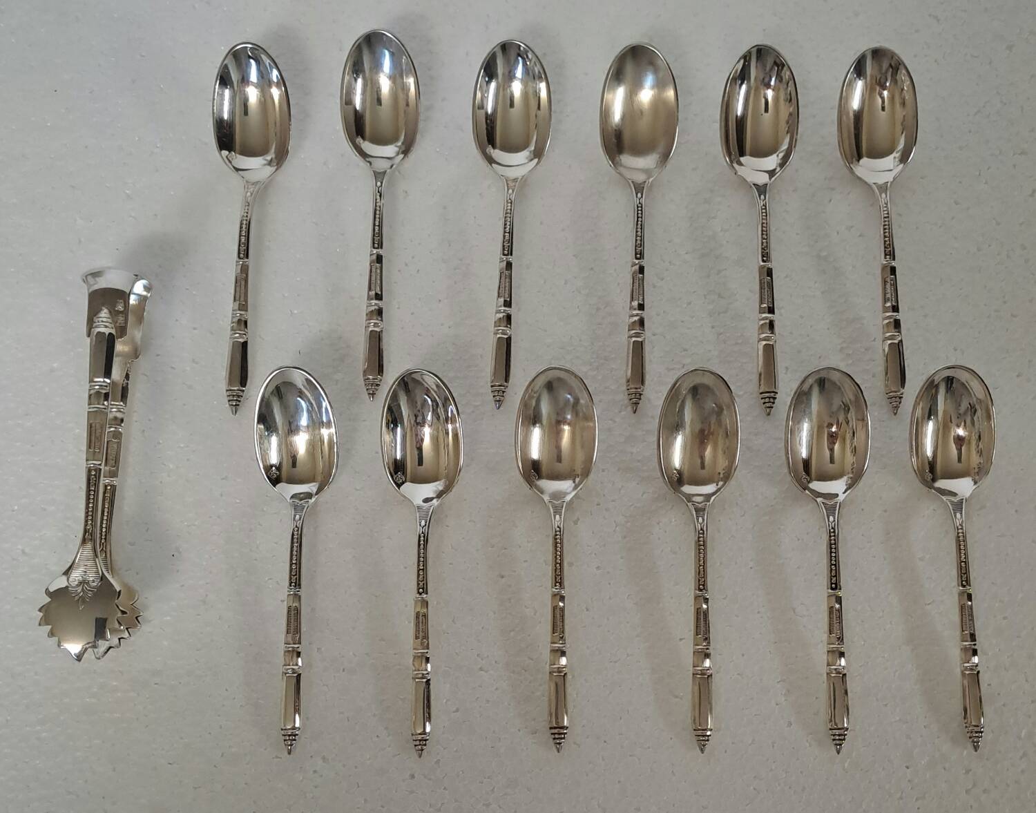 Box of 12 mocha spoons and 1 sugar tongs Ercuis silver metal