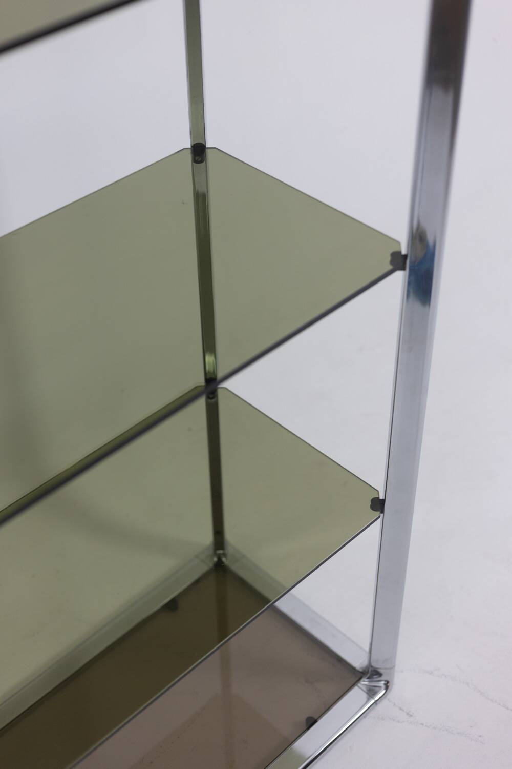 Pair of 6-shelf shelves with chrome-plated metal frames. 1970s.