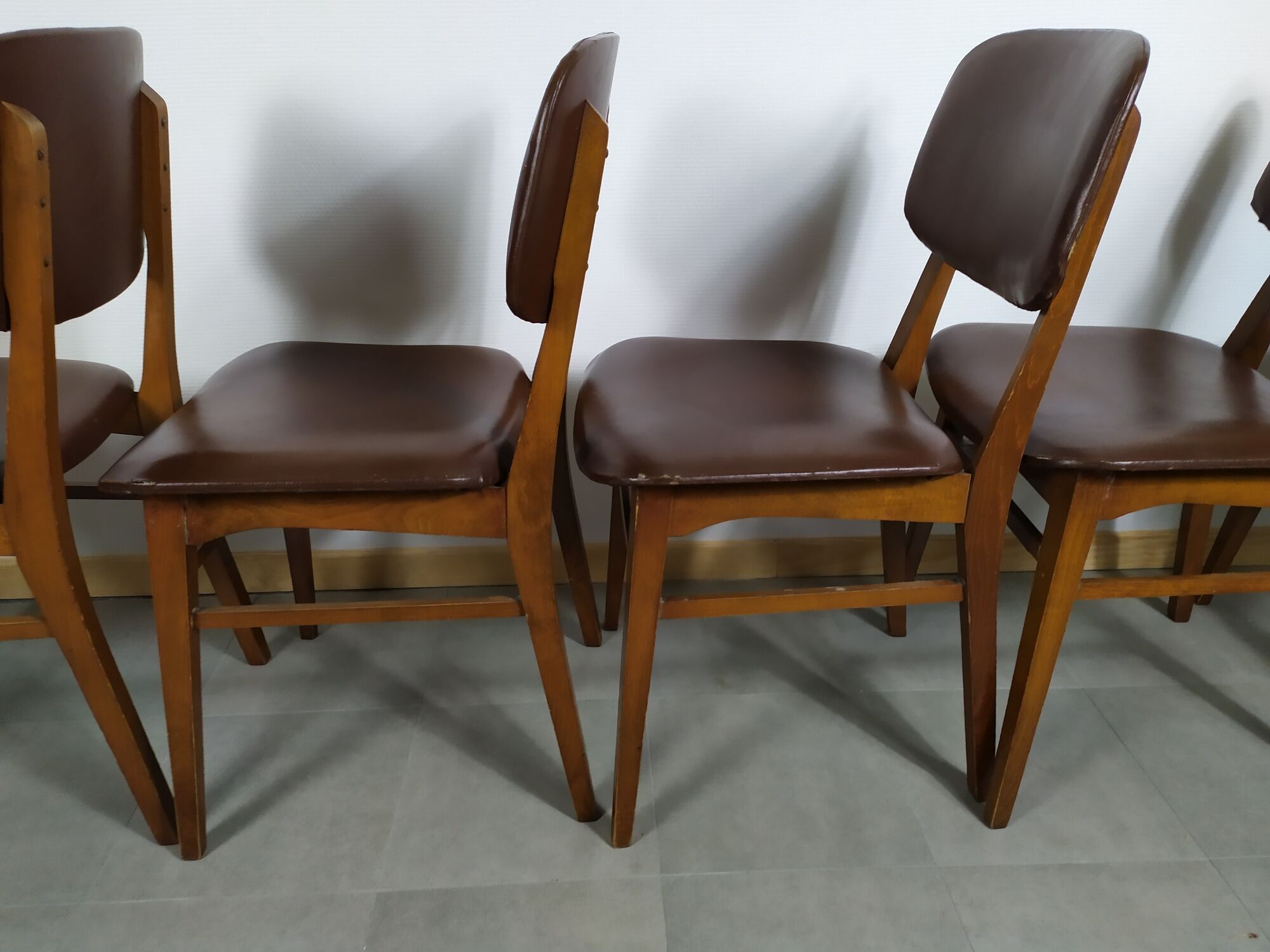 Suite de 6 chaise bois skaï marron brus vintage année 50 - 60