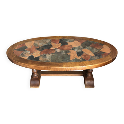 Table basse en bois et céramique Vallauris signée Louis Barrois