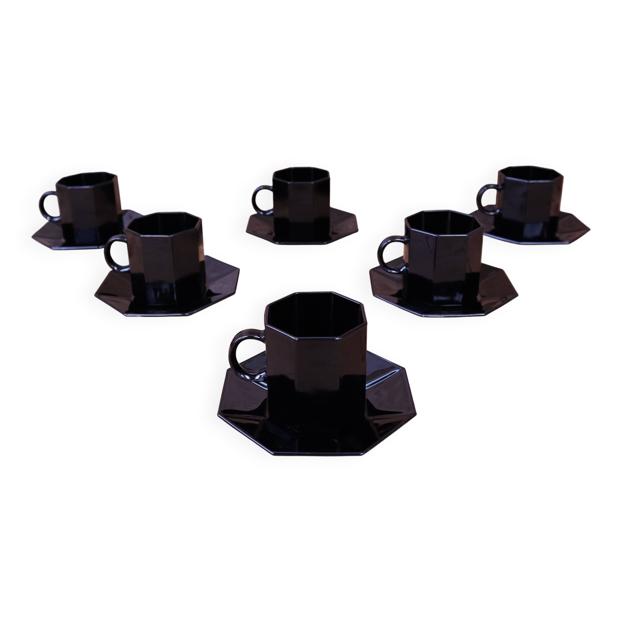 Set of 6 medium black coffee cups and saucers ARCOROC "Octime"