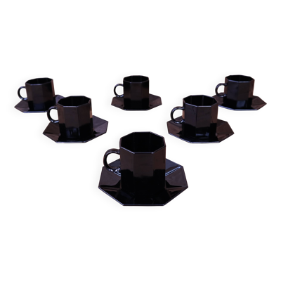6 moyennes tasses à café et sous tasses noir Arcoroc modèle Octime
