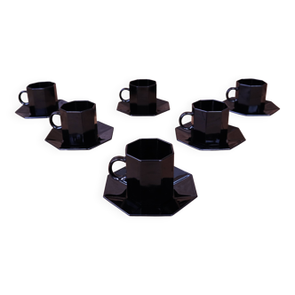 Set of 6 medium black coffee cups and saucers ARCOROC "Octime"