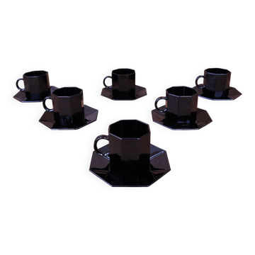 6 moyennes tasses à café et sous tasses noir Arcoroc modèle Octime
