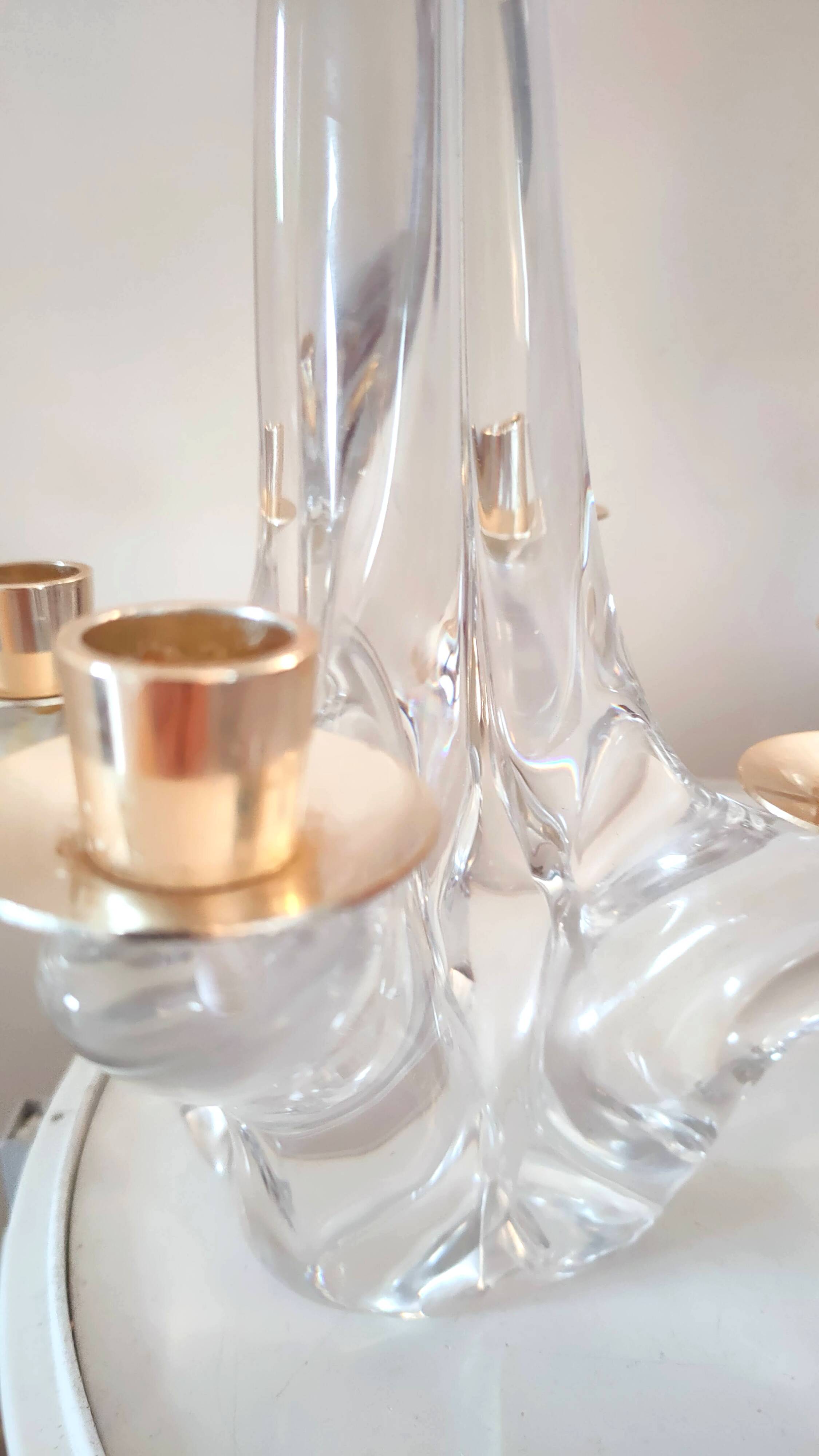 Pair of vintage Schneider crystal and brass candlesticks
