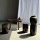 Black petrified wood side table with beige stripes, fine mesh, H35 D24 - 33