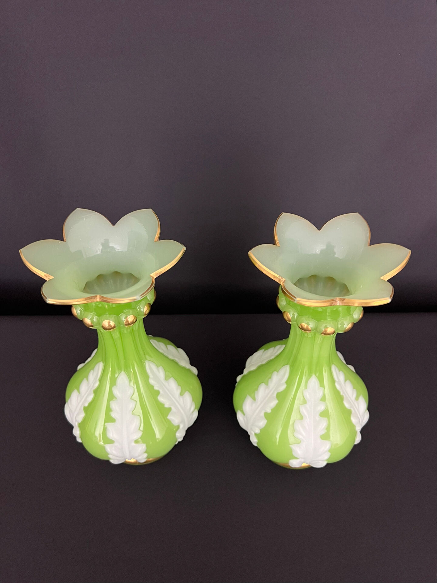 Pair of green and white opaline vases, attributed to Baccarat, period