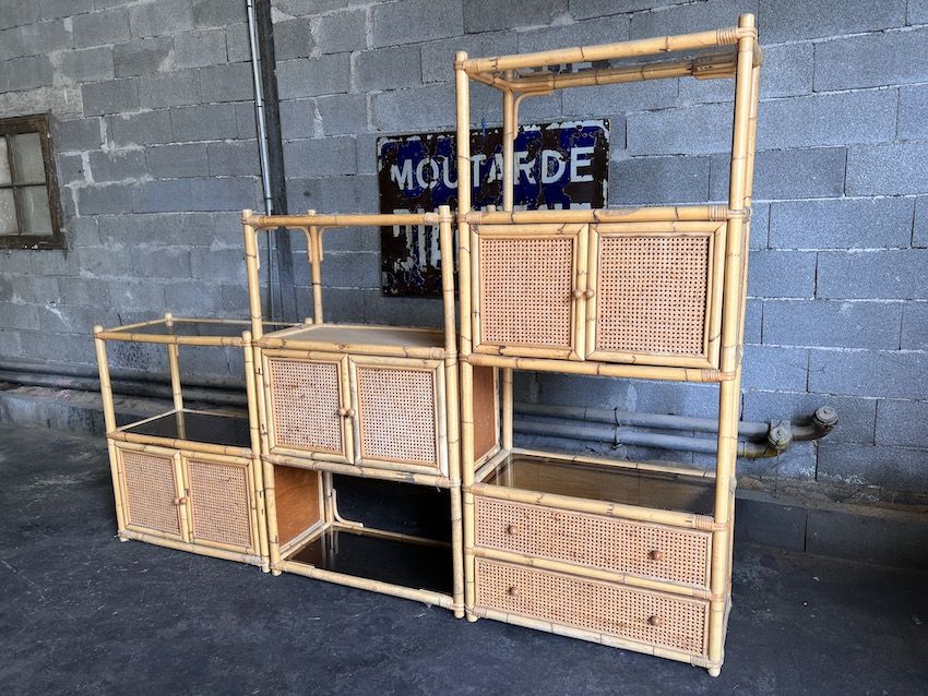 Bookcase, cannage in 3 modules and smoked glass trays - 70s