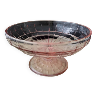Art Deco pink molded pressed glass compote bowl on foot