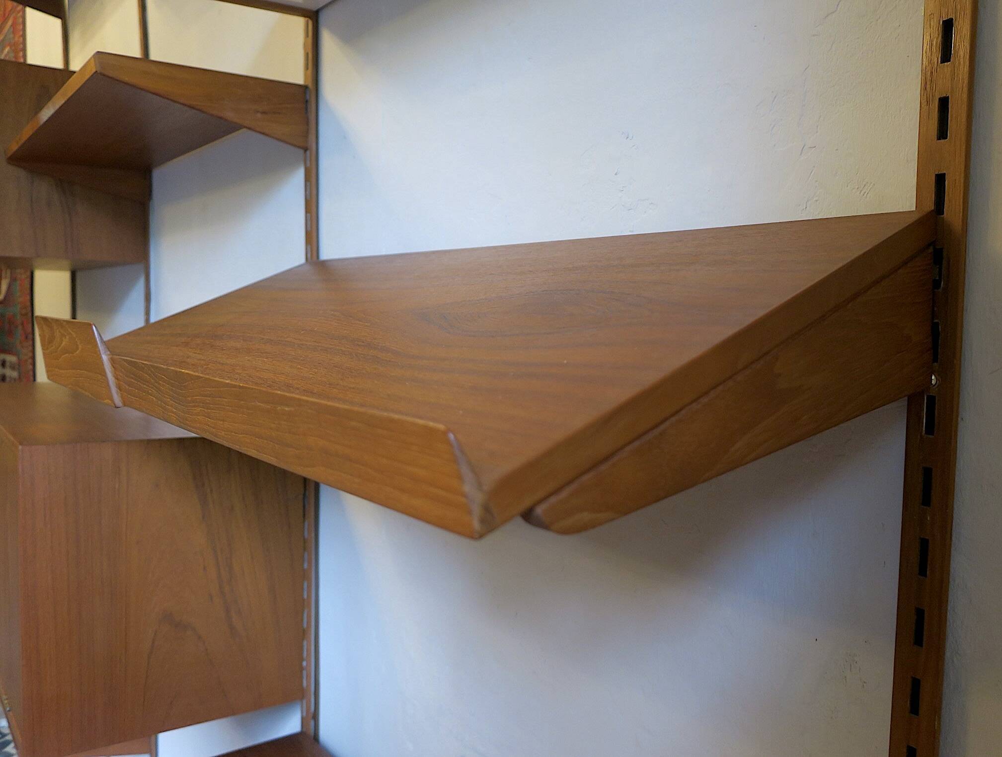 Modular 3-compartment teak wall shelving system with desk and lighting by Kai Kristiansen for FM, Denmark, 1960s