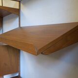 Modular 3-compartment teak wall shelving system with desk and lighting by Kai Kristiansen for FM, Denmark, 1960s