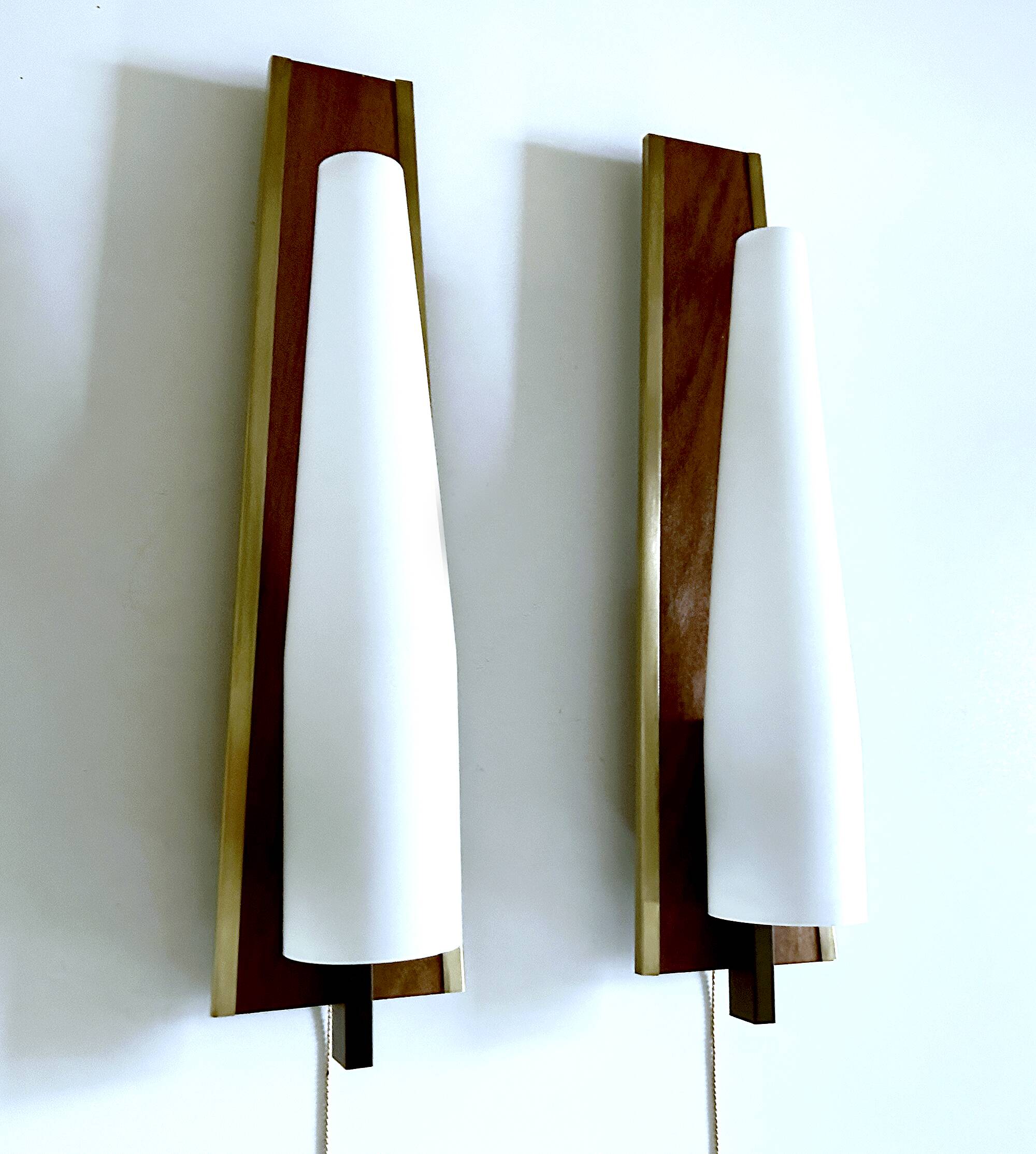 Pair of Large Scandinavian Teak Glass Wall Lights